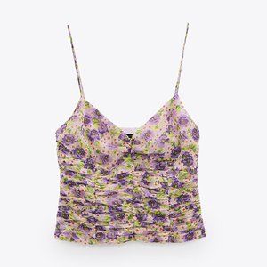 ZARA Draped Floral Print V-Neck Top